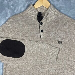 Chaps Mens Sweater Tan Elbow Patch Mock Neck Button Pullover M